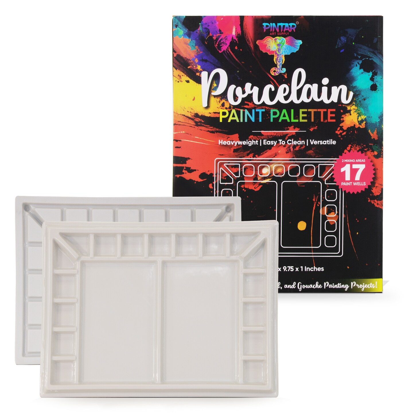 Pintar Ceramic Watercolor Paint Palette Tray - 17 Well Ceramic Palette | Rectangle - 13 x 9.8 inch Paint Pallet | Durable Watercolor Palette Tray for Acrylic, Oil, Gouache &#x26; All Water-Based Paints