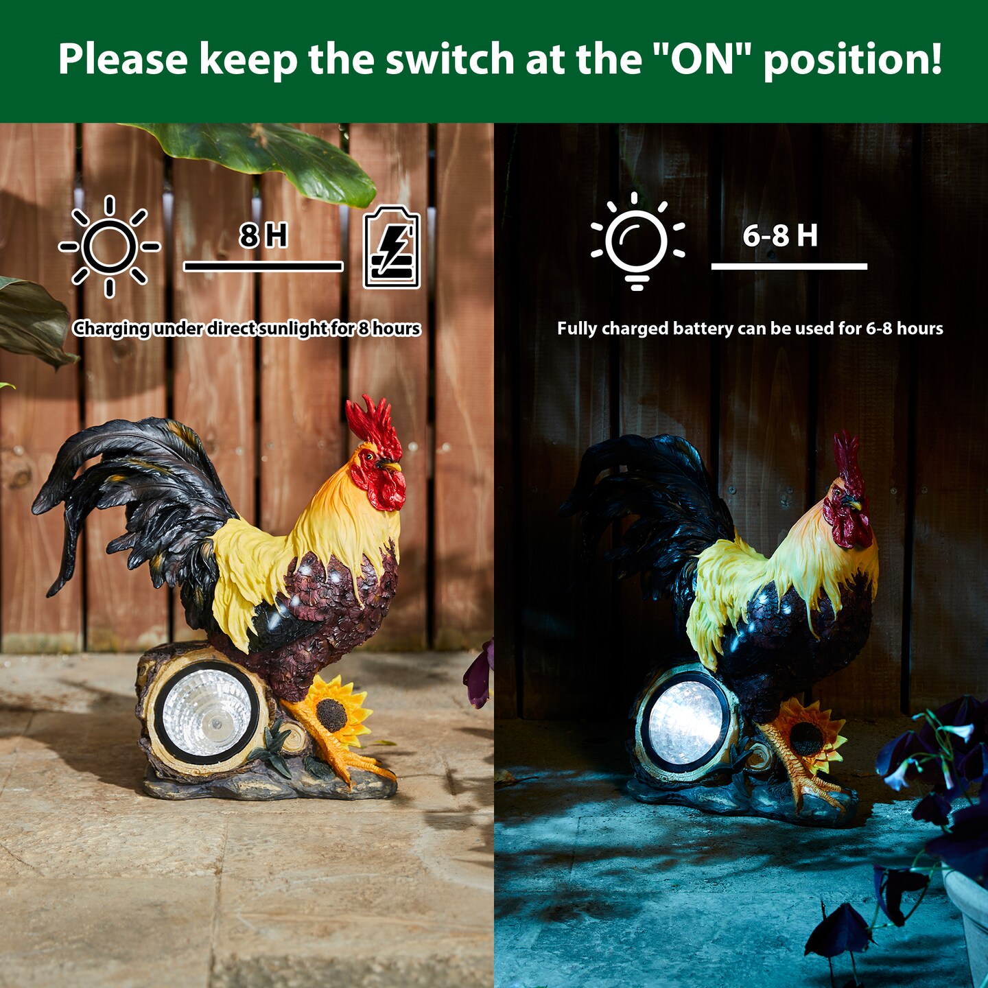 13.75&#x22;H Resin Solar Powered Vibrant Rooster Garden Statue
