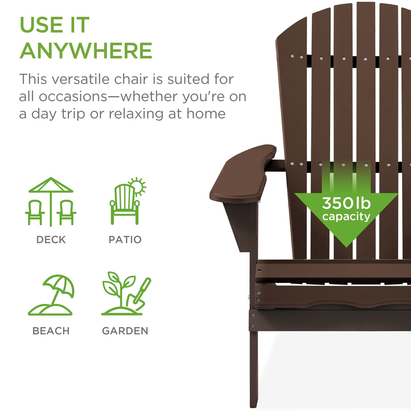 Best Choice Products Folding Adirondack Chair Outdoor, Wooden Accent Lounge Furniture w/ 350lb Capacity