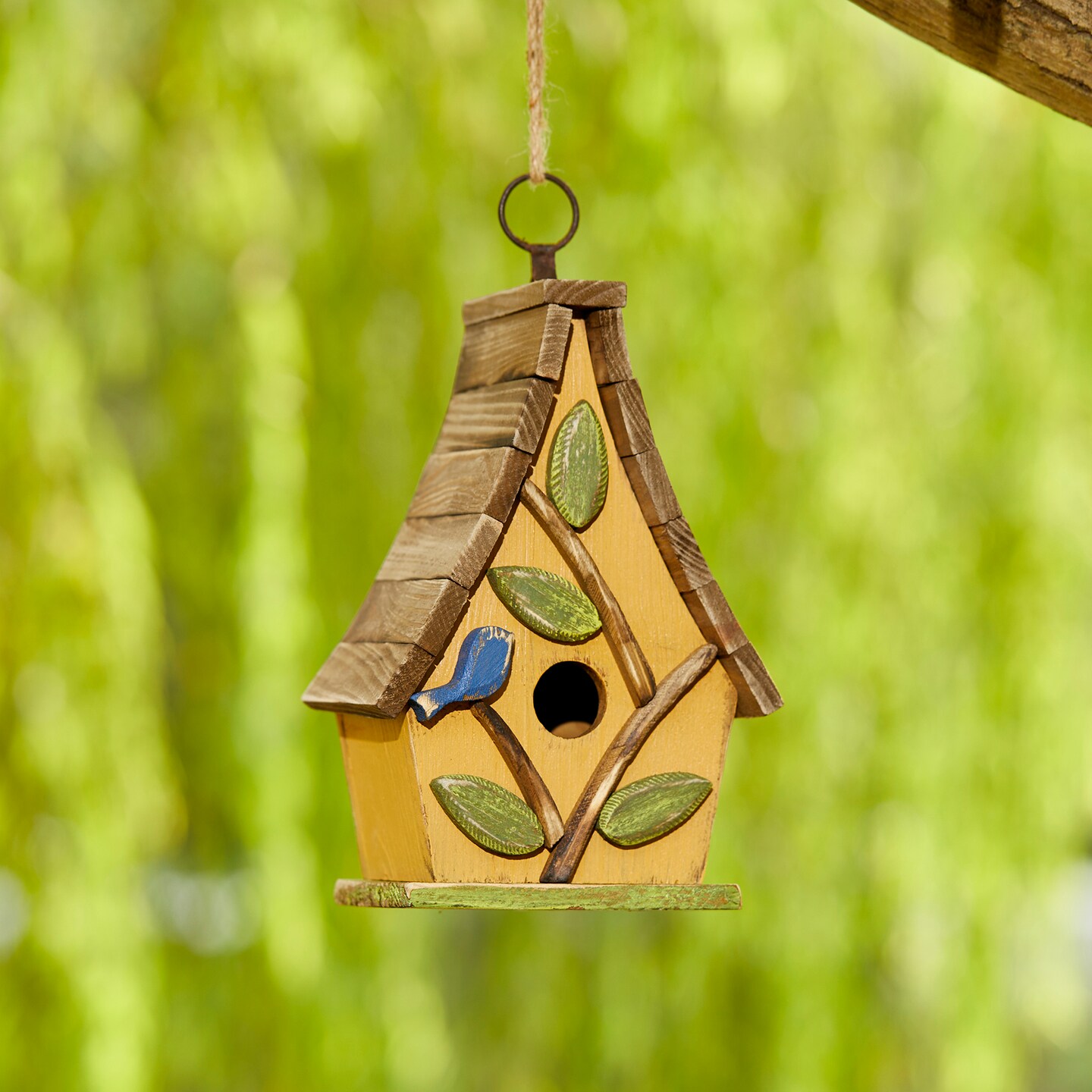 Set of 2 9.5''H Distressed Solid Wood Decorative Outdoor Garden Birdhouse with Natural Wood Slatted Roof and 3D Tree
