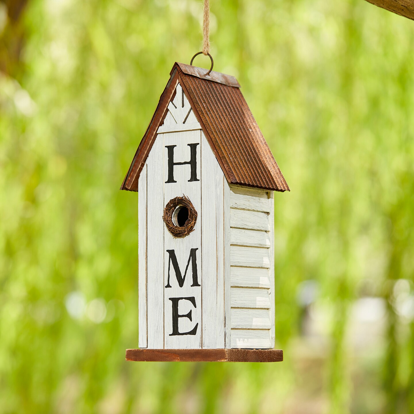 Set of 2 14.75"H Distressed Solid Wood "HOME" Inspiration Decorative Outdoor Garden Birdhouse