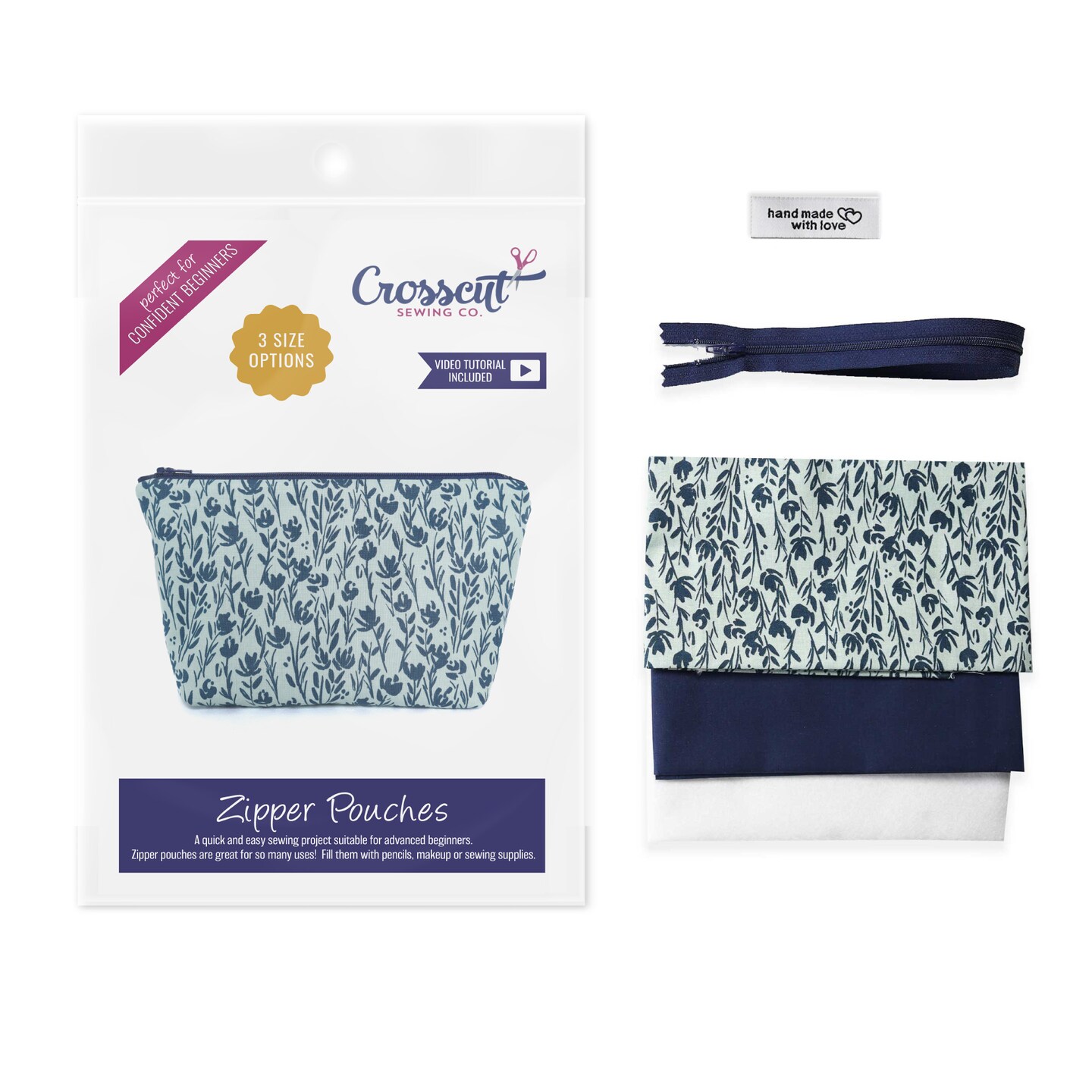 Crosscut Sewing Co.® Zipper Pouch Sewing Project Kit for Beginners with Fabric, Instructions and Video