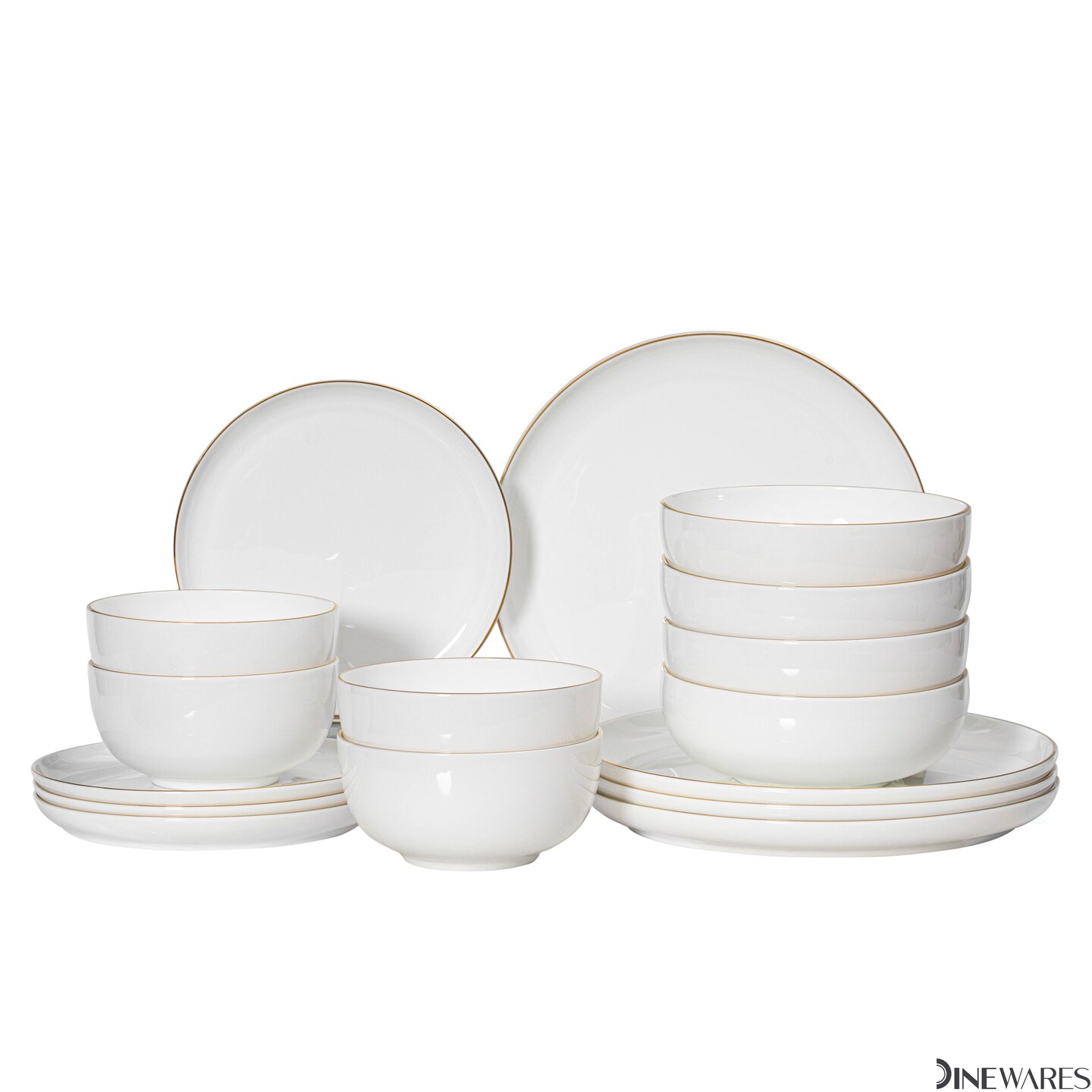 Perlaceo Luxurious Collection of White with Gold Rim Bone China Dinnerware Set - Lightweight and Durable - Service for 4 or 8, Including Dinner Plates, Salad Plates, and Cereal or Soup Bowls