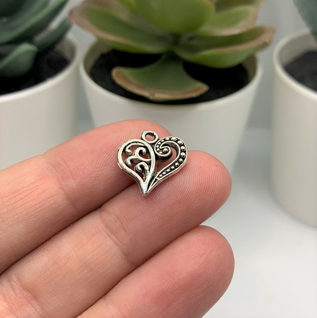 4, 20 or 50 Pieces: Antiqued Silver Scroll Heart Charms