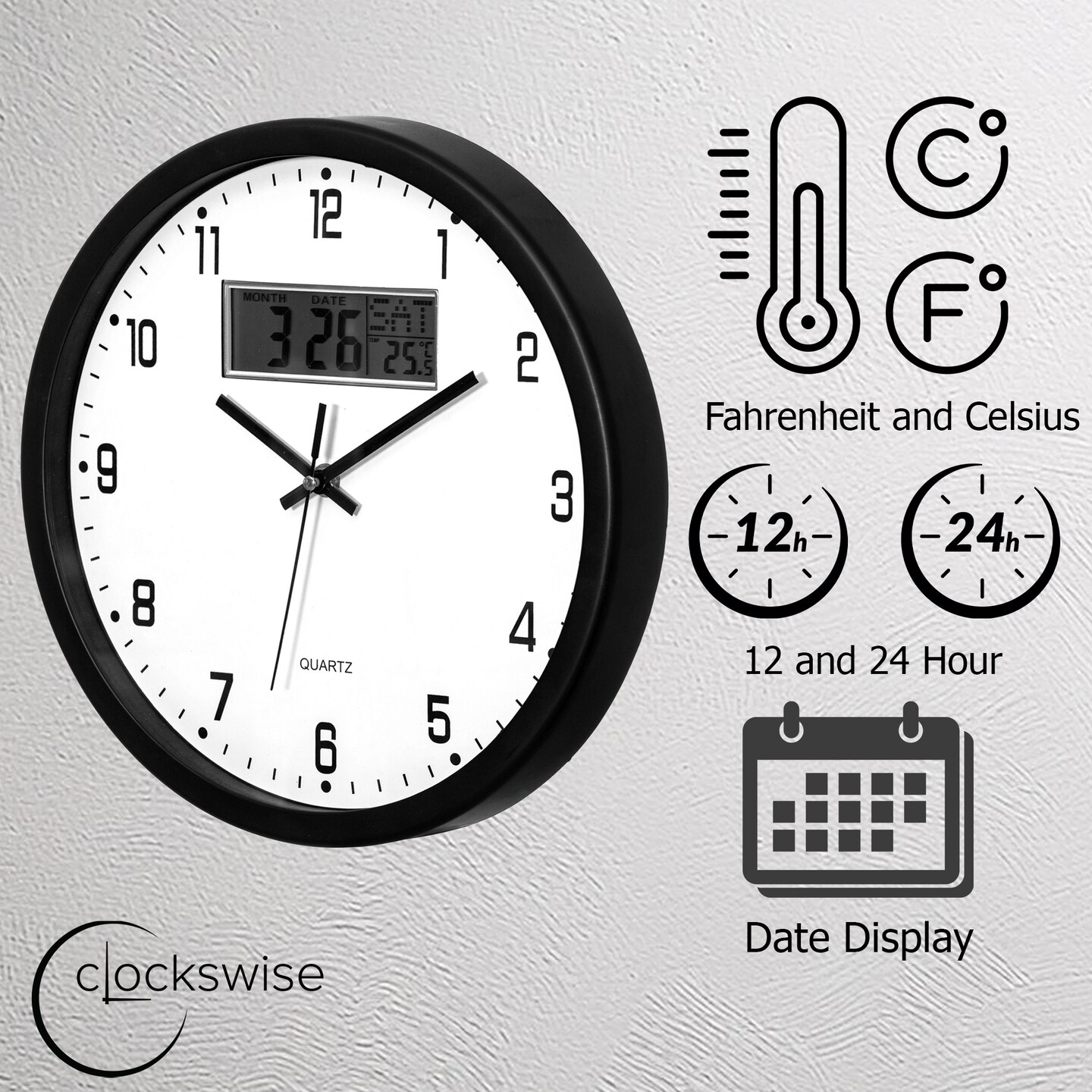 Clockswise Wall Clock, Non-Ticking Analog & Digital with Temperature Display Battery Powered, Silent Operation, Switchable Time and Date - Perfect for Classroom Office Bedroom and Study, Black