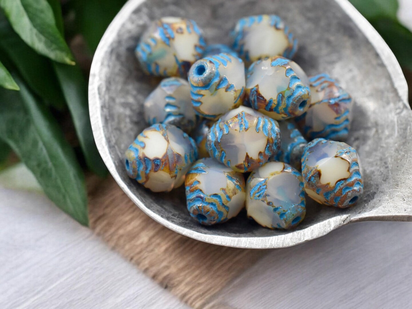 *15* 10x8mm Turquoise Washed White Opal Picasso  Faceted Bicone Beads