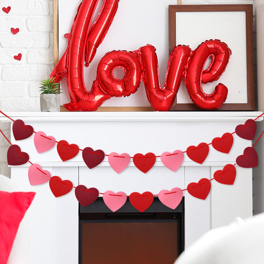 Valentines Day Decorations, Pre-Strung Felt Heart Garland for Mantle, Wall, Party Decorations, Hanging Hearts Decorations for Valentines Day Decor - 6 Strips of Valentine&#x27;s Day Banner