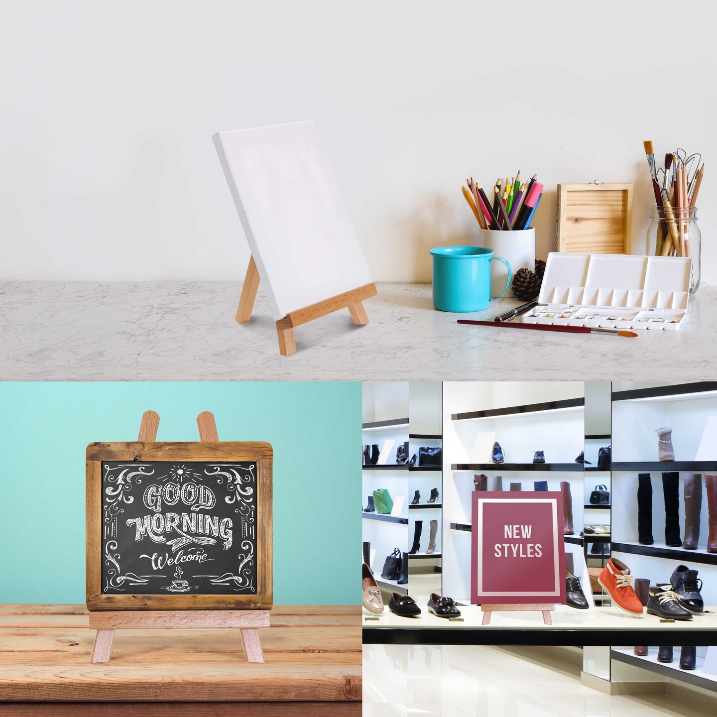 8&#x22; x 8&#x22; Stretched Canvas with 10.5&#x22; Tabletop Display Stand A-Frame Artist Easel Kit (Pack of 6) - Beechwood Tripod, Kids Students Painting Party