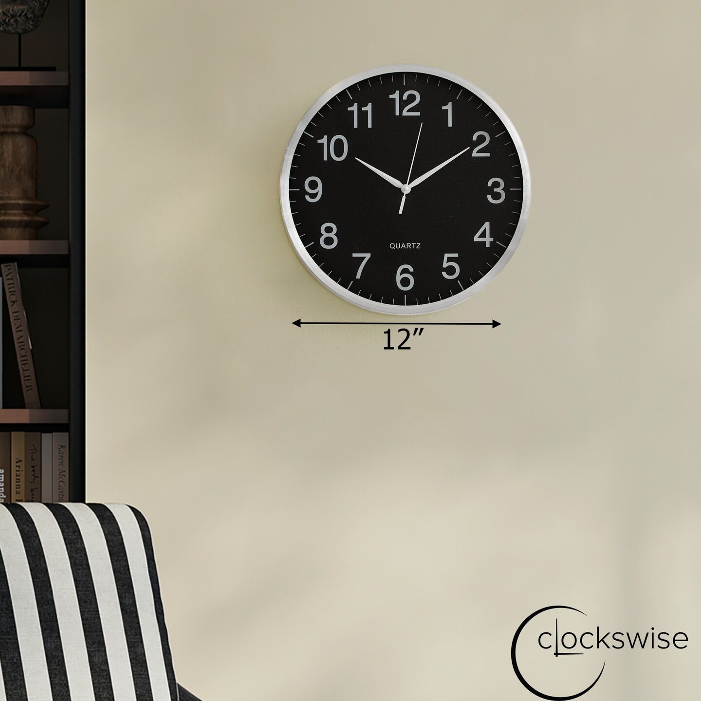 Clockswise Round Quartz Wall Clock Non-Ticking Battery Operated with Silent Sweep Movement, Aluminum Silver Frame, Perfect for Home Kitchen Office Living Room Study Hallway Classroom, Black Face