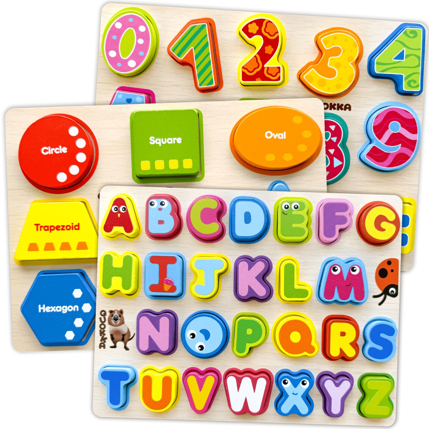3 Set Chunky Wooden Puzzles for Toddlers | Alphabet, Numbers &#x26; Geometric Forms