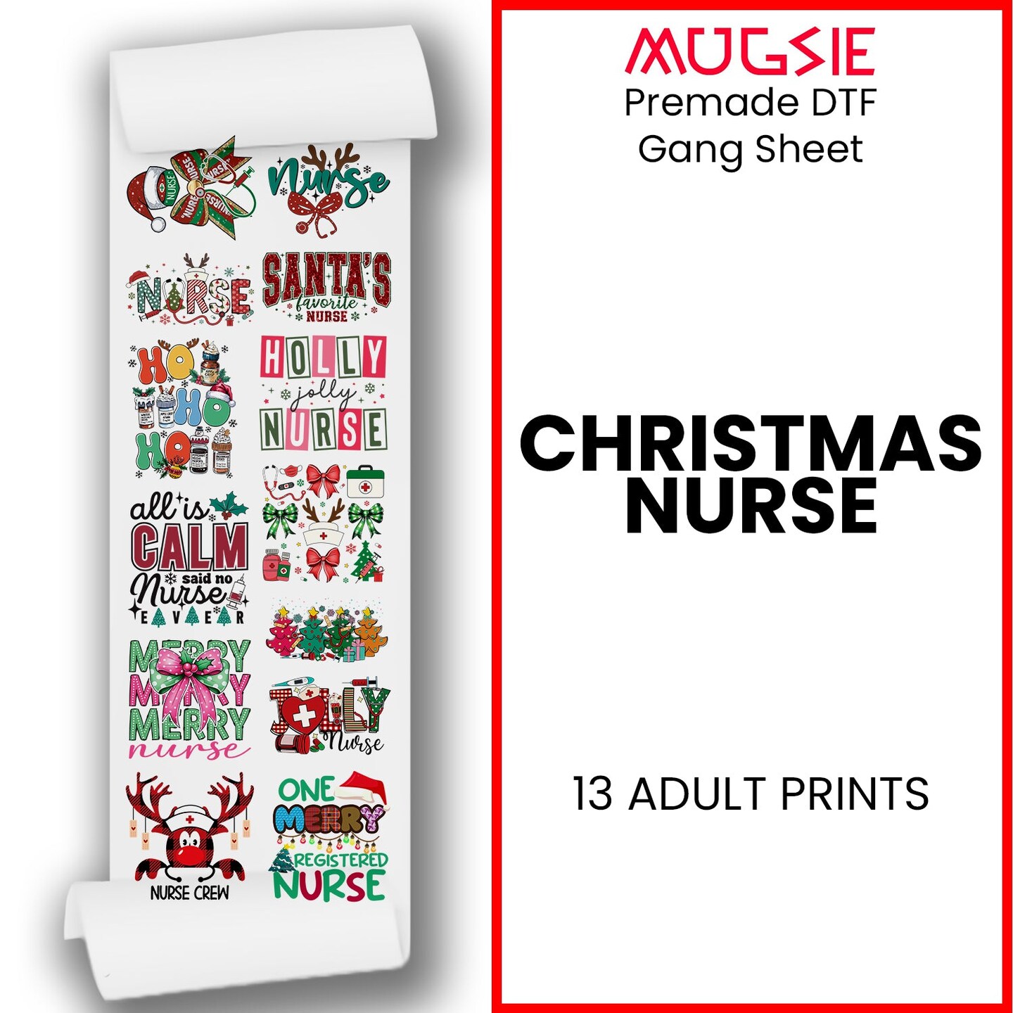 Christmas Nurse DTF Transfer 22x60 - Direct-to-Film Gang Sheets, Ready-to-Press Holiday Design for Shirts, Hoodies, and More