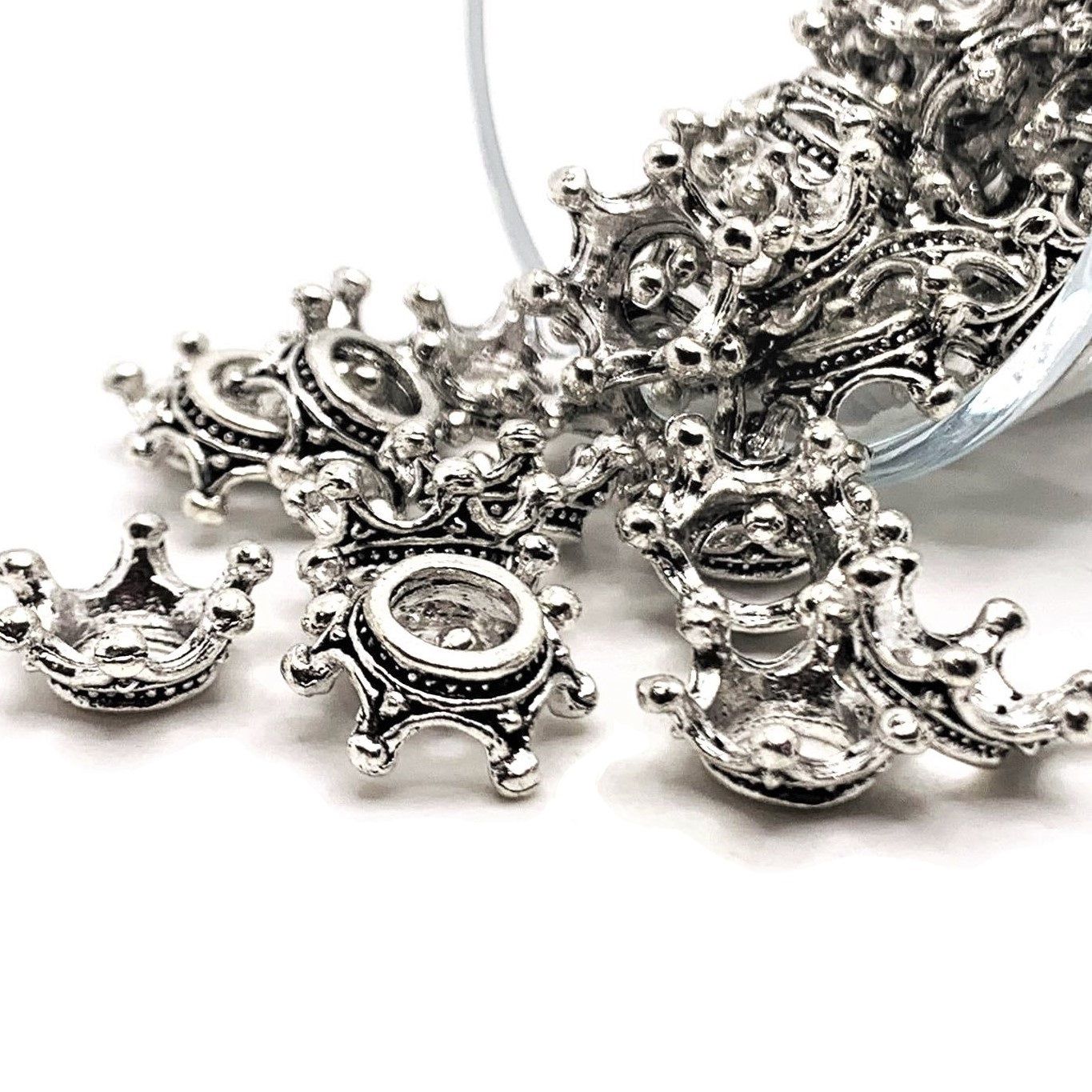4, 20 or 50 Pieces: Silver 3D Crown Charms, Bead Caps