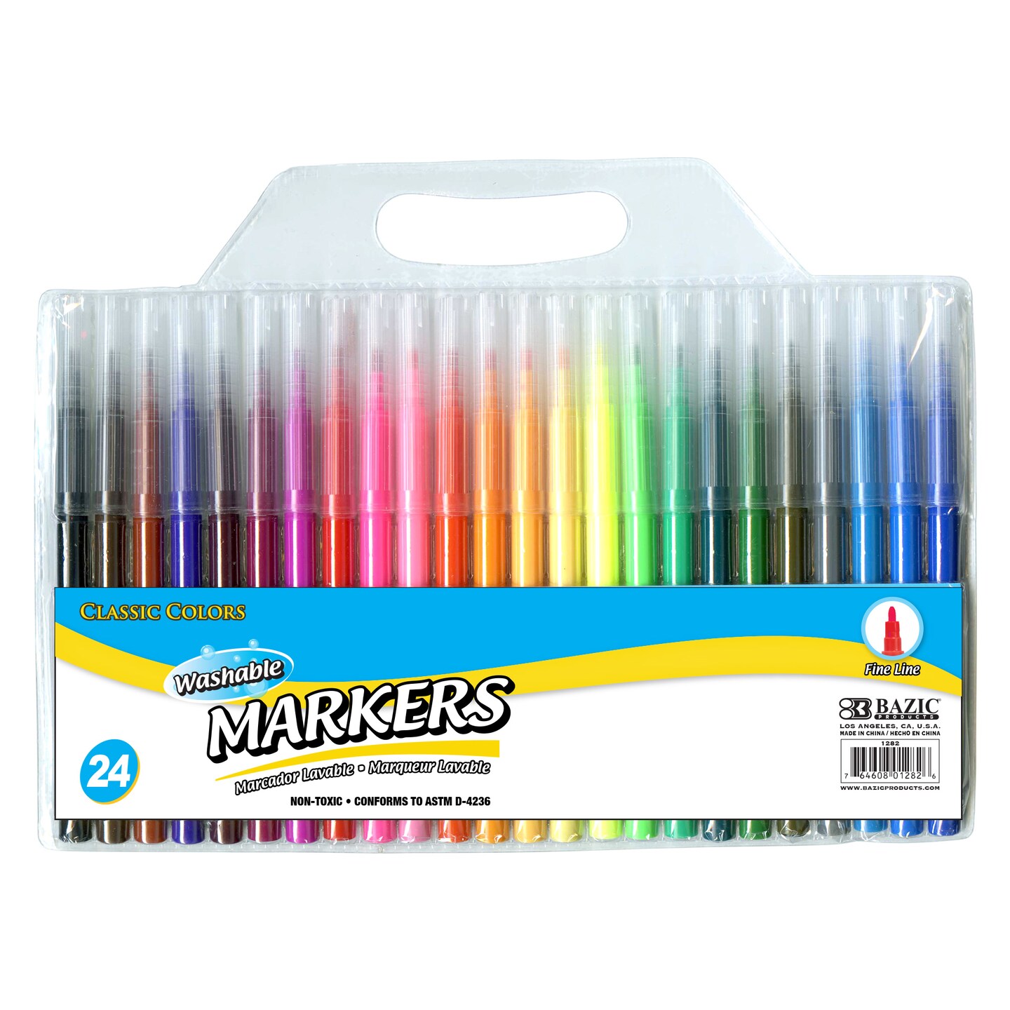 BAZIC 24 Classic Colors Washable Markers, Fine Tip, for Kids School Art