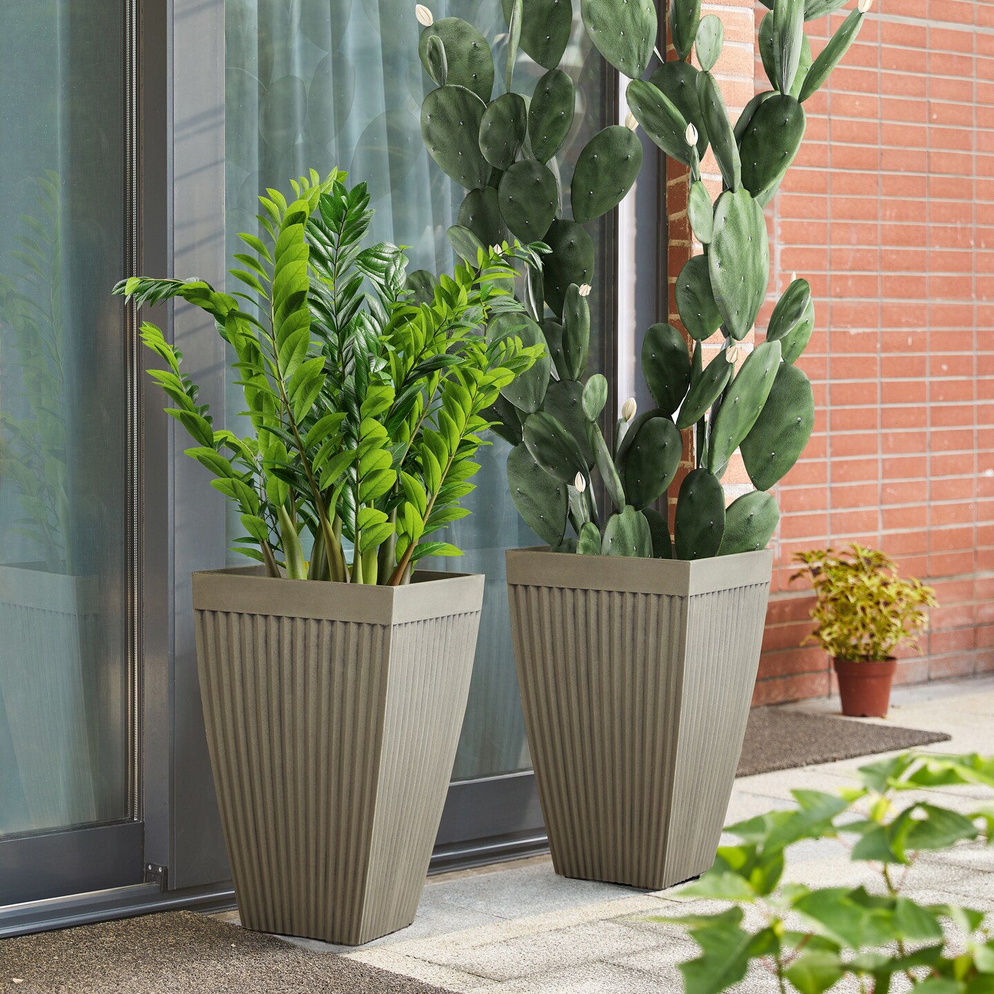 22.75&#x22;H Oversized Set of 2 Eco-Friendly PE and Stone Faux Fluted Textured Concrete Tall Planter
