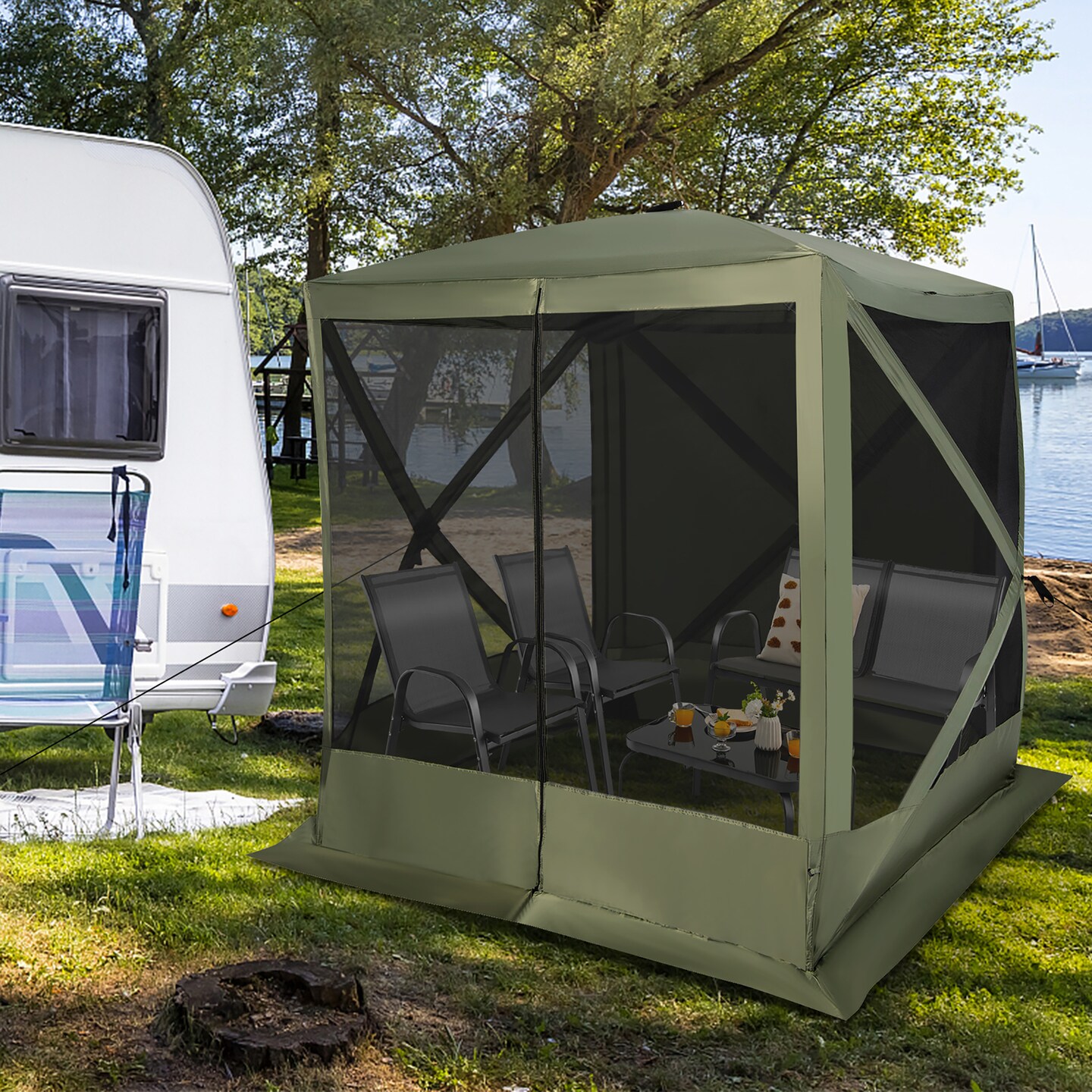 Costway 6.7 FT x 6.7 FT 4-Panel Pop up Camping Gazebo Quick-Set with 2 Sunshade Cloths Coffee/Green