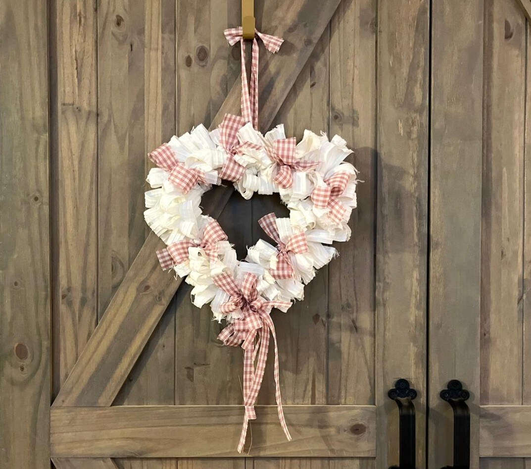 Shabby Chic Heart Rag Wreath Mauve Gingham Art Deco Canvas Vintage Farmhouse Love Nursery Unique Country Cottage Stylish Wreath Handmade - image8