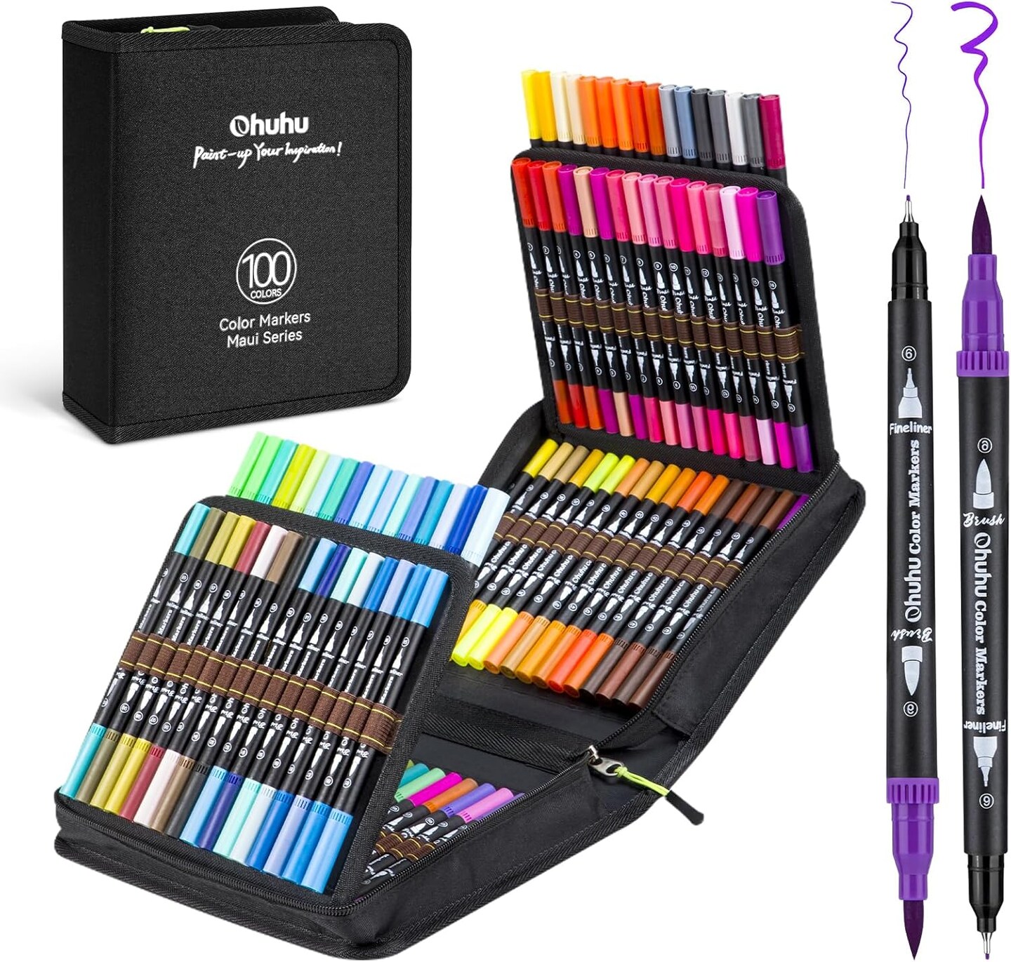 Ohuhu Markers for Adult Coloring Books: 100 Colors Brush Pens Dual Brush Fine Tip Drawing Pens Water-Based Coloring Markers for Calligraphy Bullet Journal with Carrying Case -Maui (Black Barrel)