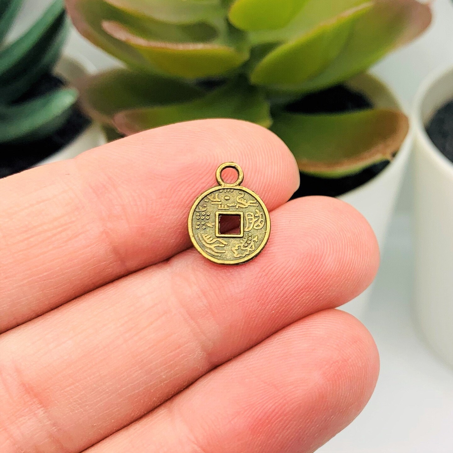4, 20 or 50 Pieces: Small Bronze Chinese Lucky Coin Charms - Double Sided