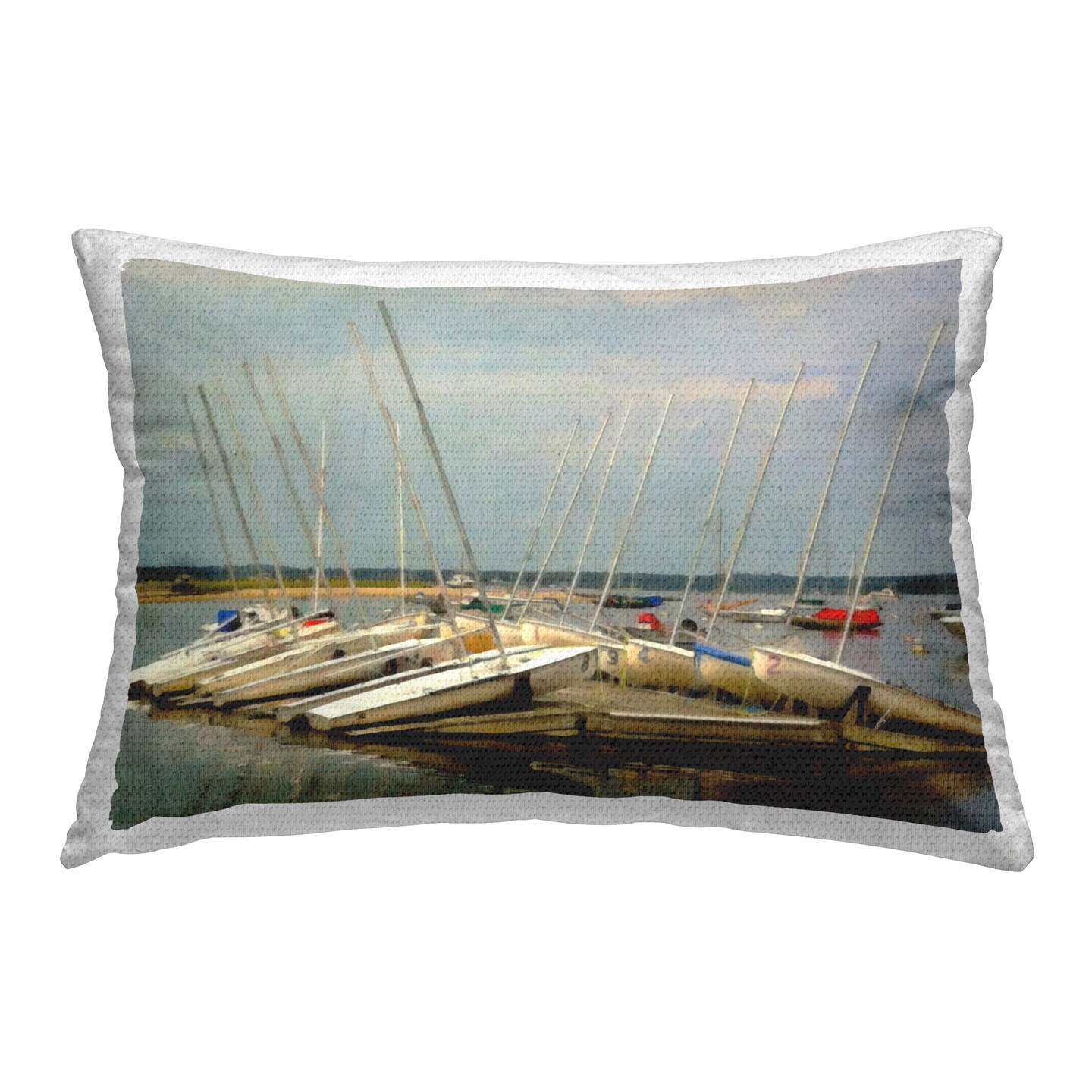 Boats Docked at Port Design by GraffiTee Studios Outdoor Printed Pillow 