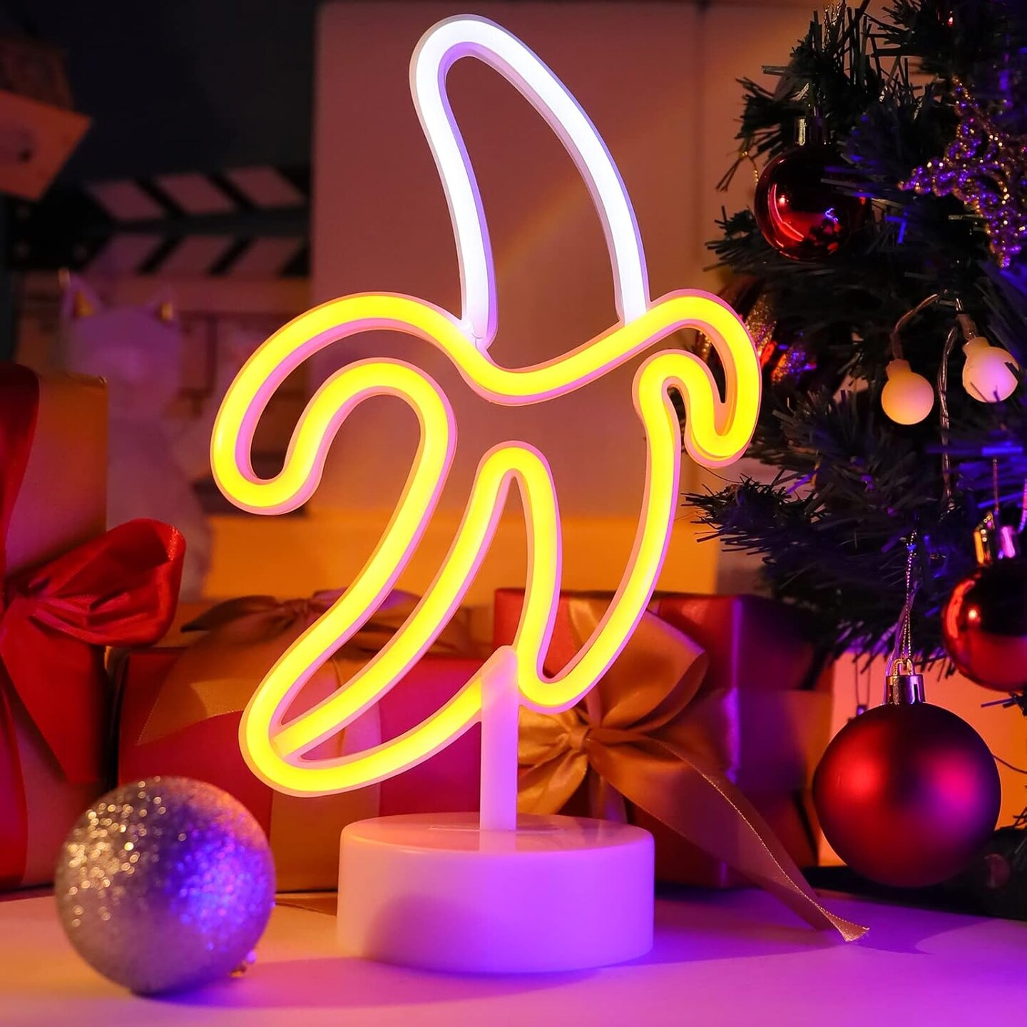 Banana Neon Sign Light, Banana LED Light with Base for Table Decor LED Lamp USB/Battery Powered Fruit Neon Art Sign for Man Cave Birthday Party Wedding Cafe Bar