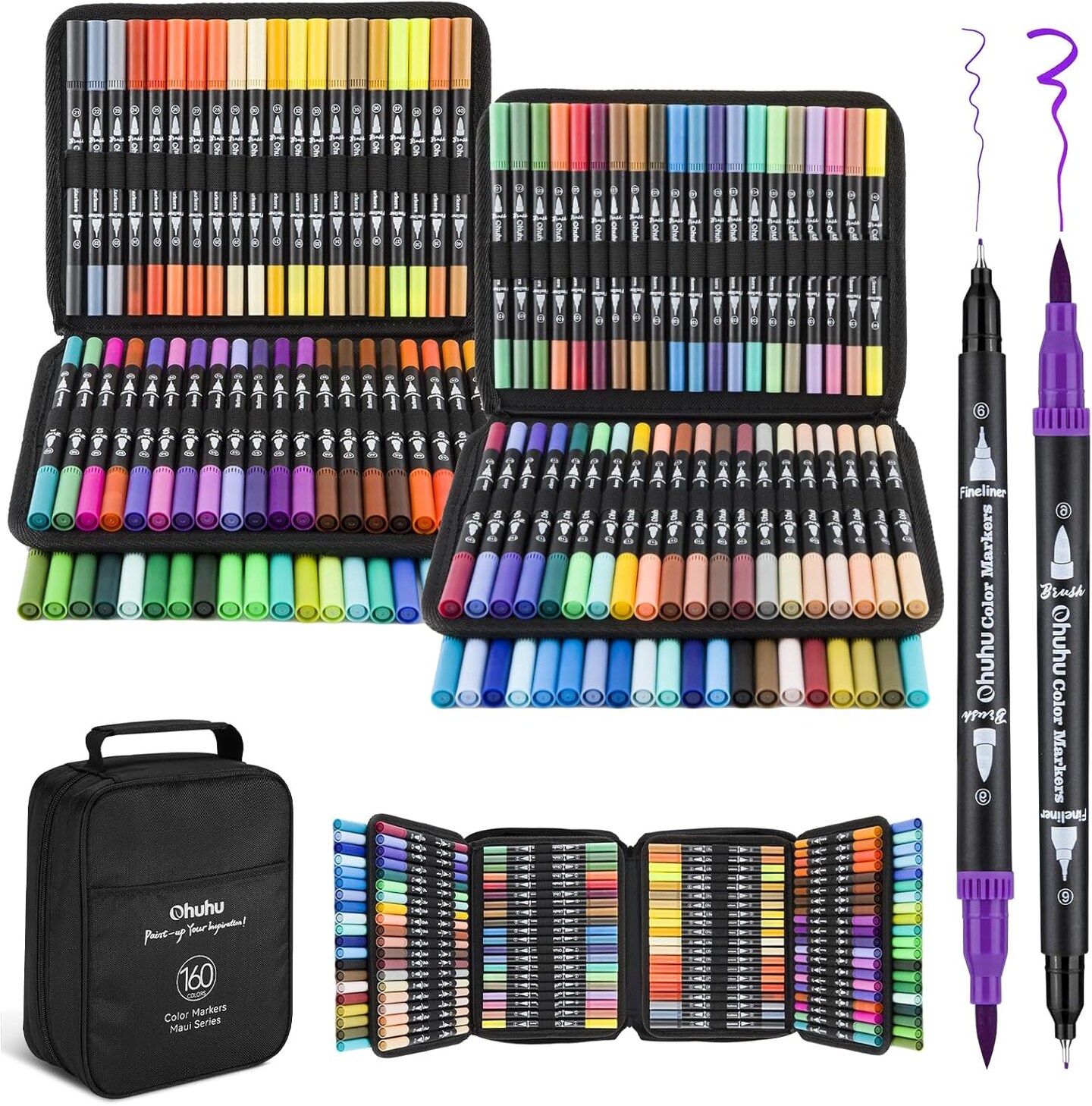 Ohuhu Water Based Markers for Adult Coloring Books: 160 Colors Brush Pens, Dual Tip Brush & Fine Drawing Pens, Coloring Markers for Calligraphy Bullet Journal with Carrying Case -Maui (White Barrel/Black Barrel)