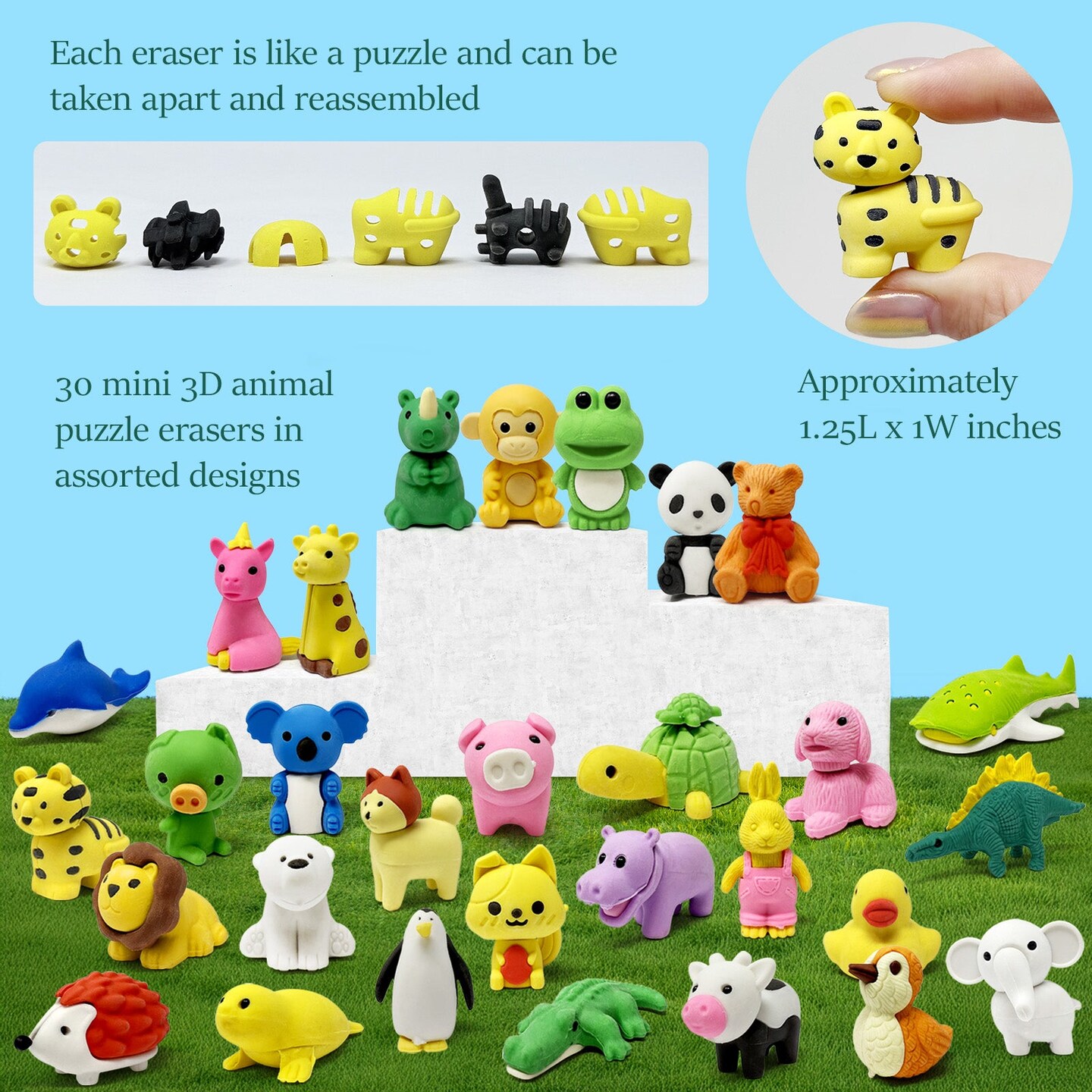 Wrapables Mini Animal Eraser Pets, 3D Puzzle Erasers for Party Favors, Goodie Bags, Easter Egg Fillers (Set of 30)