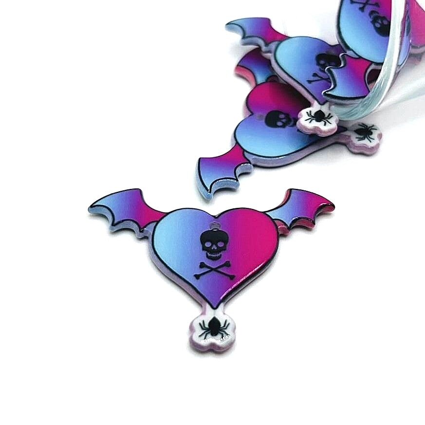 1, 4 or 20 Pieces: Punk Valentine&#x27;s Day Heart with Bat Wings Charms - Double Sided