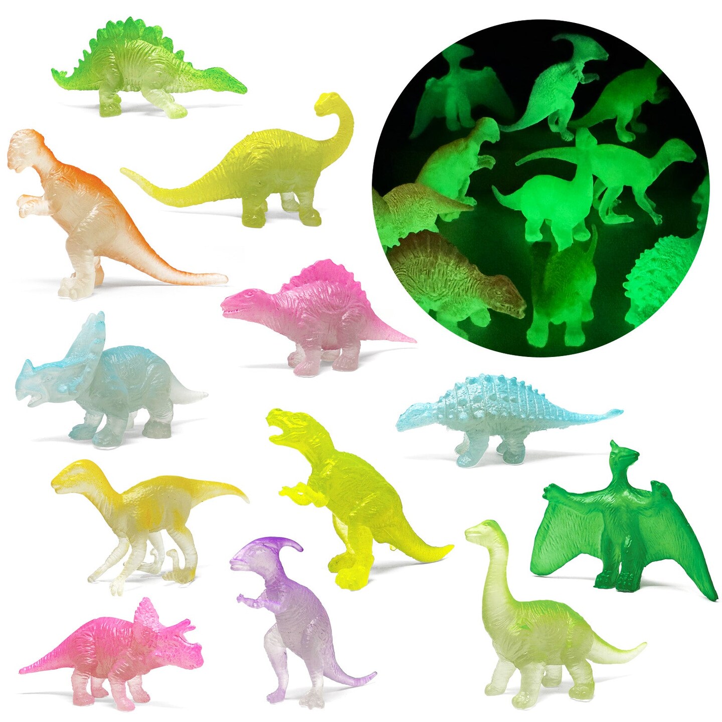 Wrapables Mini Plastic Dinosaur Figurines, Miniature Dino Figures for Cake Toppers, Birthday Party Favors, Stocking Stuffers, Easter Egg Fillers (Set of 24), Luminous