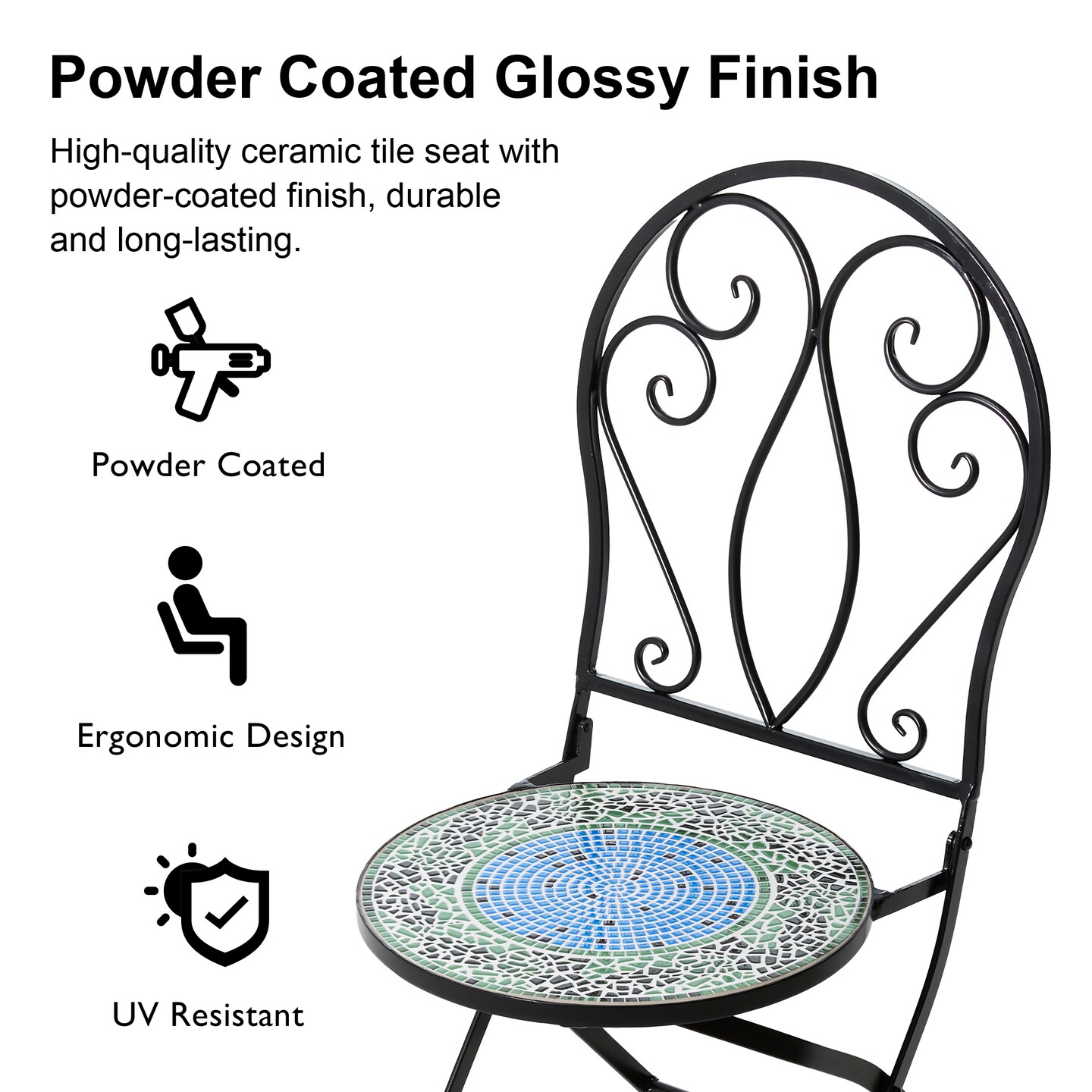 Set of 3 Black Outdoor Metal and Ceramic Tile Folding Bistro Set