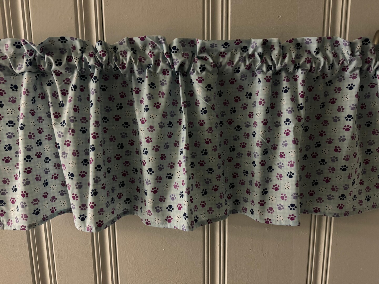 product name is Dog Paw Prints VALANCE CURTAIN 42x14 Kitchen Window Treatment Curtains, Topper window treatment