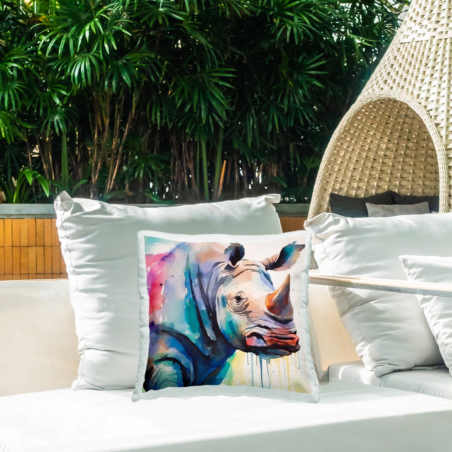 Modern Rhino Portrait Design by Walker Noble Outdoor Printed Pillow 
