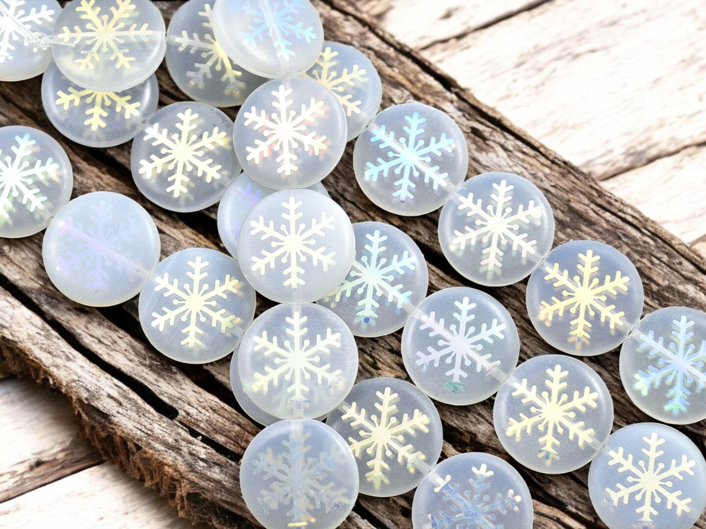 *8* 17mm White Opaline AB Laser Tattoo Snowflakea Coin Beads