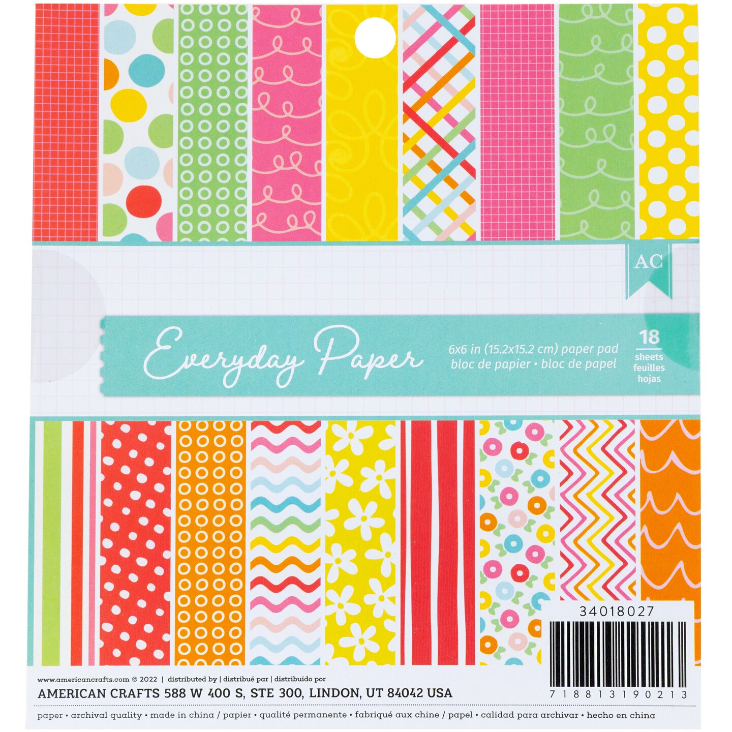 American Crafts Single-Sided Paper Pad 6"X6" 18 Sheets-Assortment 2