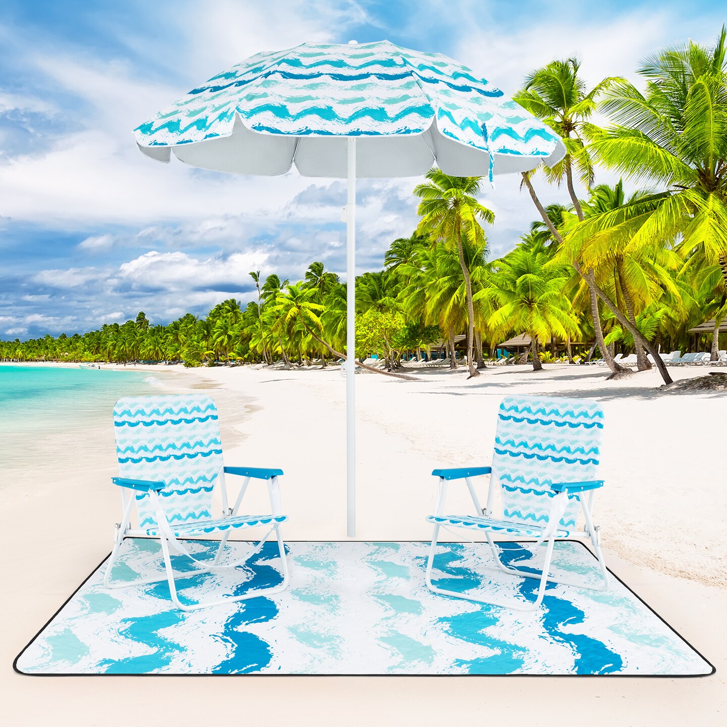4-Piece Beach Umbrella Set with 2 Foldable Chairs and Picnic Blanket