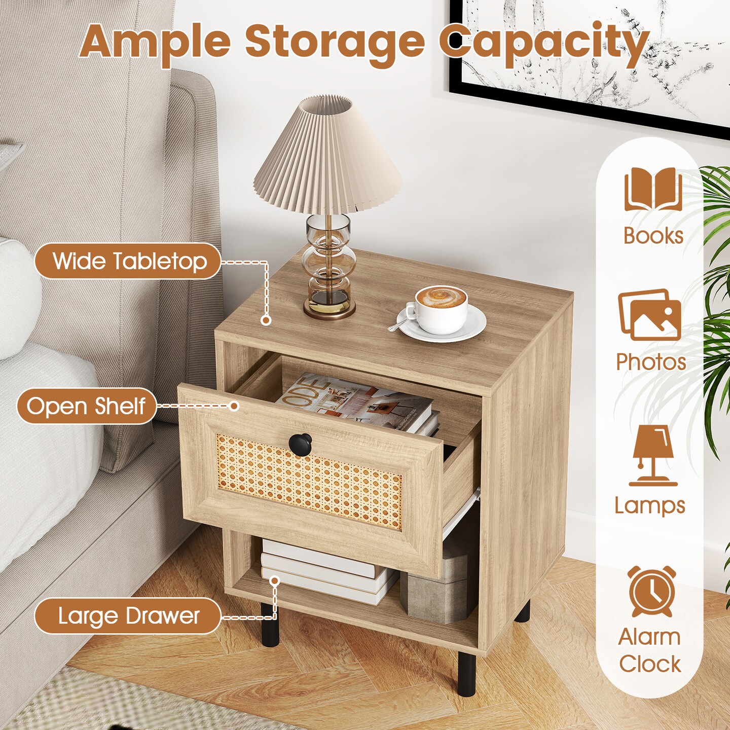 Rattan End Table Duo Nightstands with Storage Drawer and Shelf