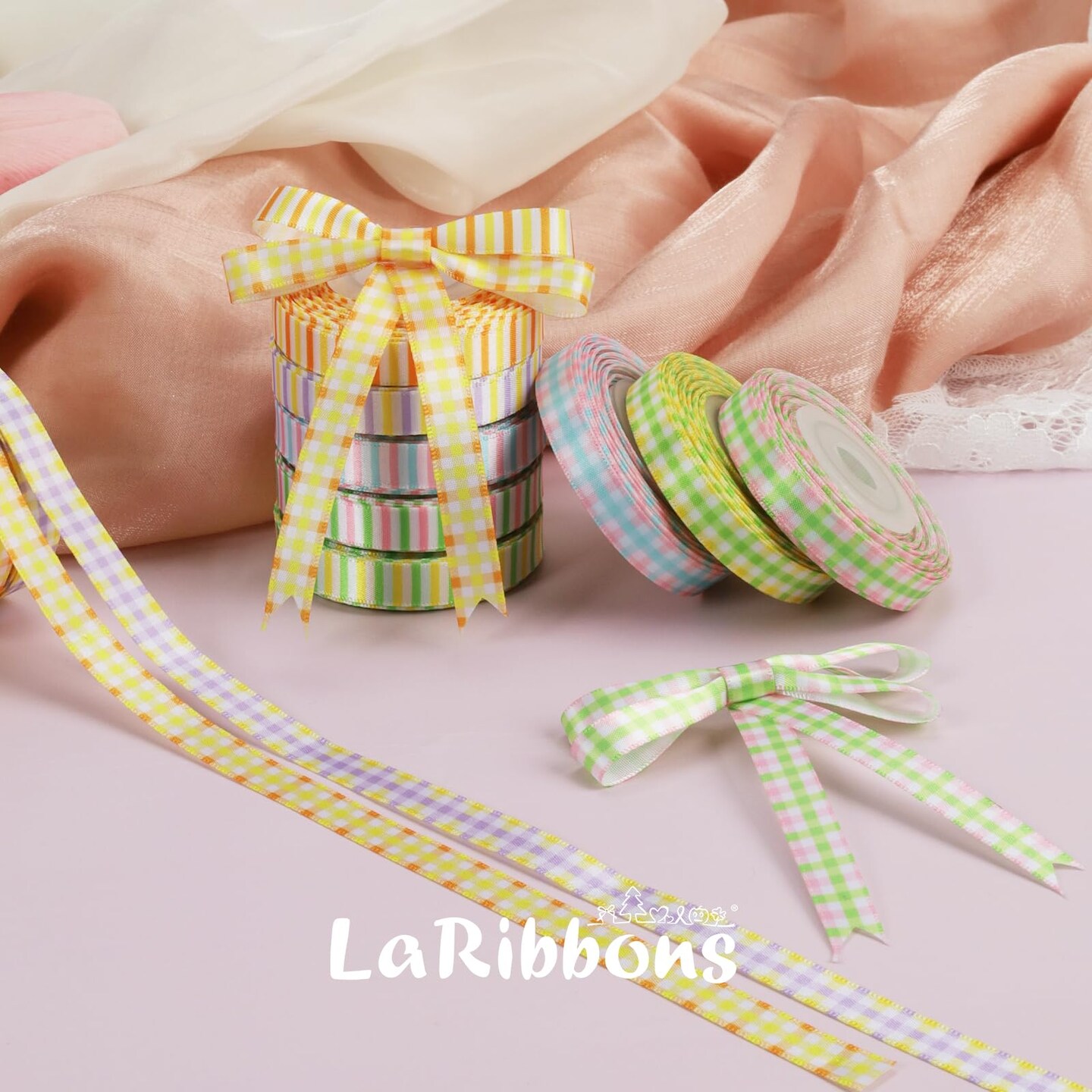 10 Color 100 Yards Striped and Plaid Satin Ribbon Variety Pack, 3/8" X 10 Yards/Roll Assorted Spring Easter Ribbons for Crafts, Gift Wrapping, Hair Bows