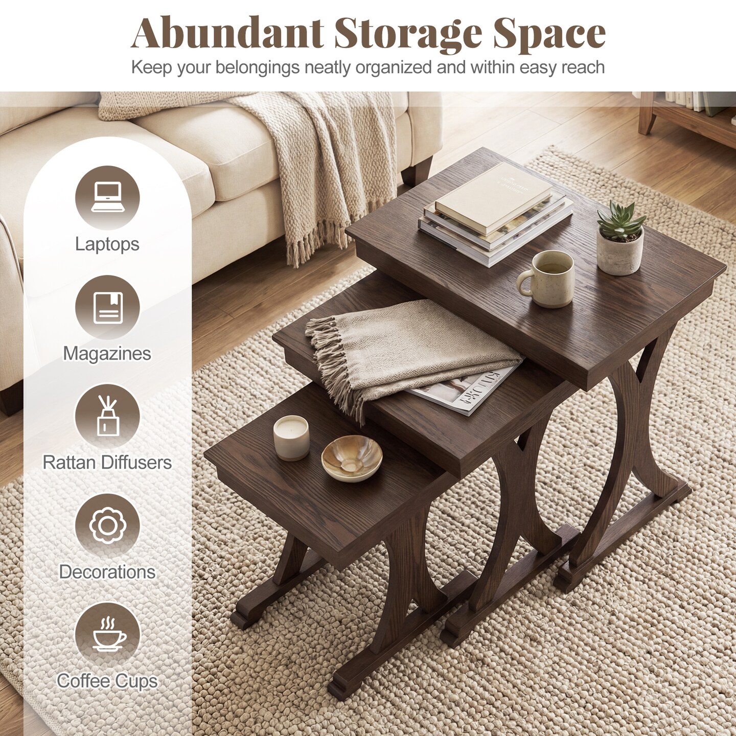 Rubber Wood Nesting Coffee Table Set 3-Piece Vintage Living Room Tables