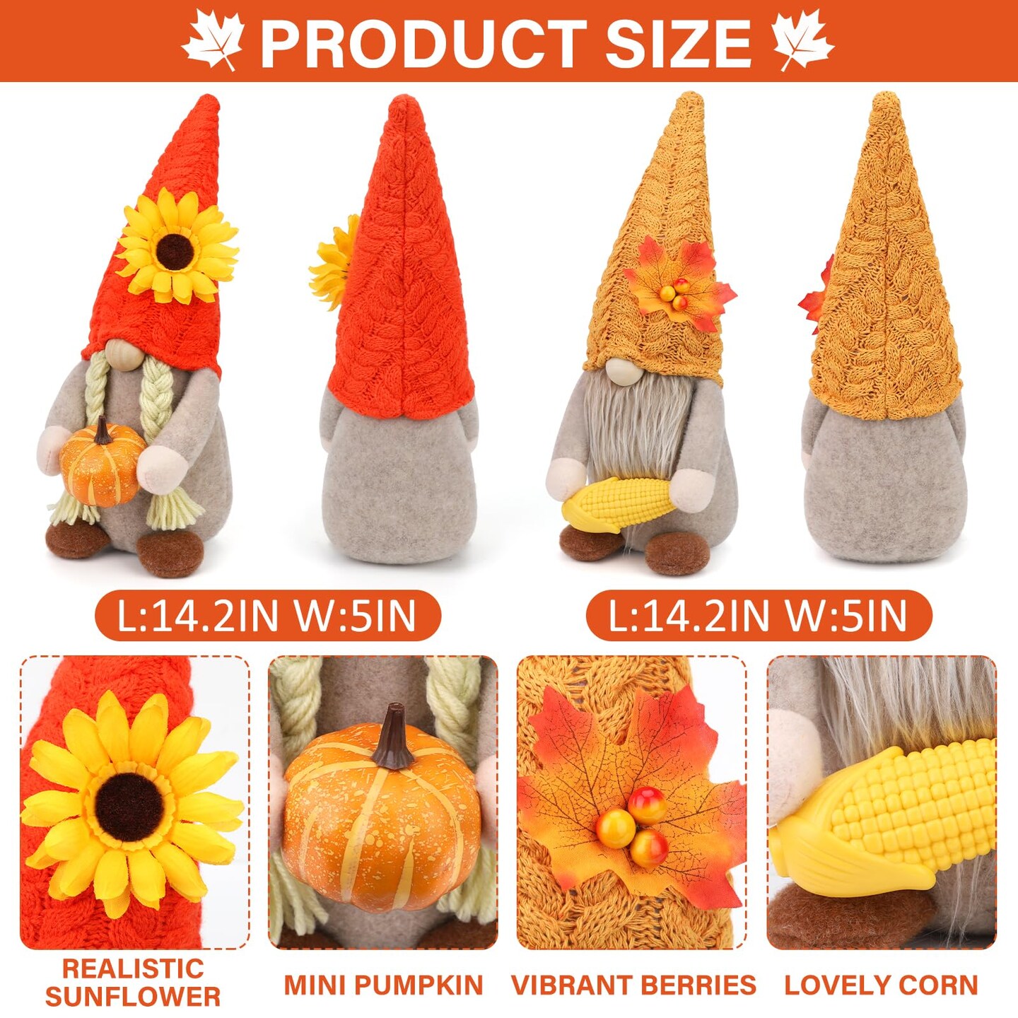 Thanksgiving Gnomes Fall Decorations for Home, 2Pack Plush Gnomes Hold Pumpkin Corn, Mr and Mrs Swedish Tomte Gnome Doll with Maple Sunflower Fall Harvest Thanksgiving Decor for Home Kitchen Table