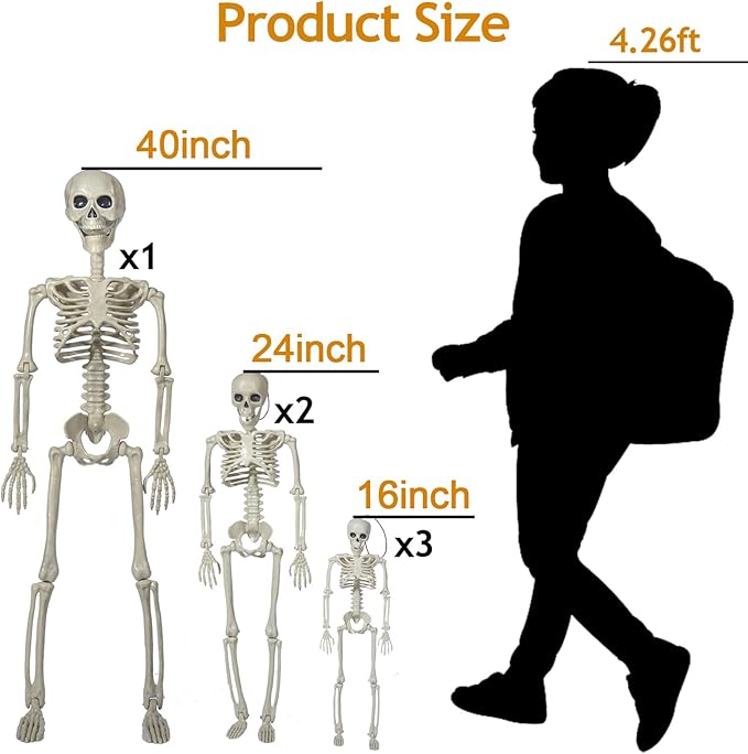 6 Pack(1×40"+2×24"+3×16") Pose-N-Stay Halloween Skeleton Life Size Full Body Posable Movable Jonints for Halloween Decoration Decor