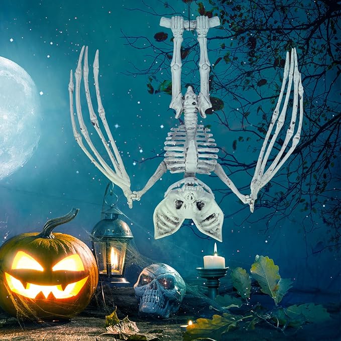 Halloween Bat Skeleton, 11&#x22; Halloween Animal Skeleton, Horrible Bat Skeleton Simulation Bat Model Vivid Bat Skeleton with Moveable Jaw and Wing for Yard Garden Lawn
