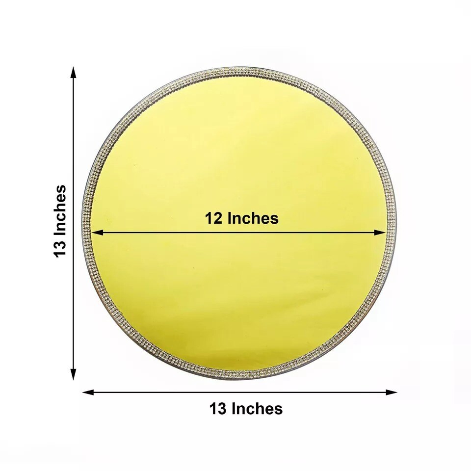 2 pcs 13&#x22; Round Mirror Glass Charger Plates with Rhinestone Rim Wedding Supplies