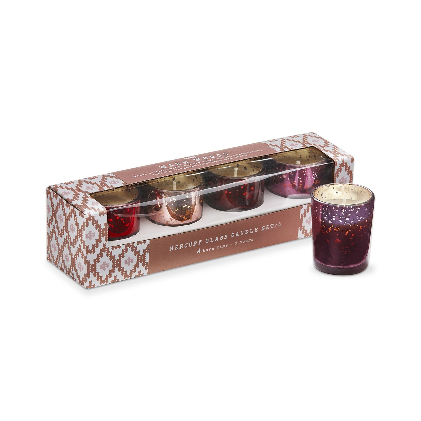 Warm Woods Soy Blend Votive Candle in Glass Jewel Tone Holders Set of 4 2.0L x 2.0W X 2.5H in