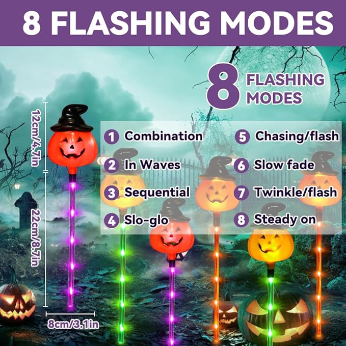 6PCS Halloween Pathway Lights 3 Colors Changing Jack-O-Lantern Markers String Lights for Holiday Home Garden Yard Party Outdoor Decoration