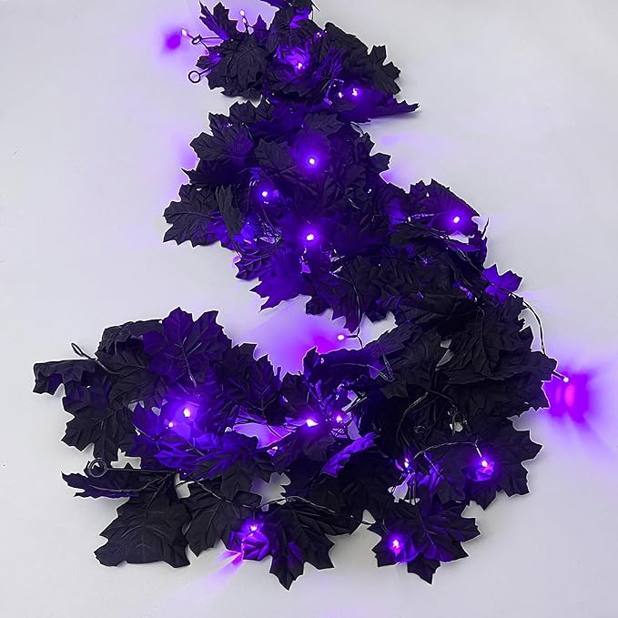 Halloween Garland with Purple Lights Black Leaf Garland Black Artificial Maple Leaves Decor Home Mantle Stairs Indoor, Fall Fake Garland Decorations Hanging Wall Door Outdoor,2 Pack (Purple)