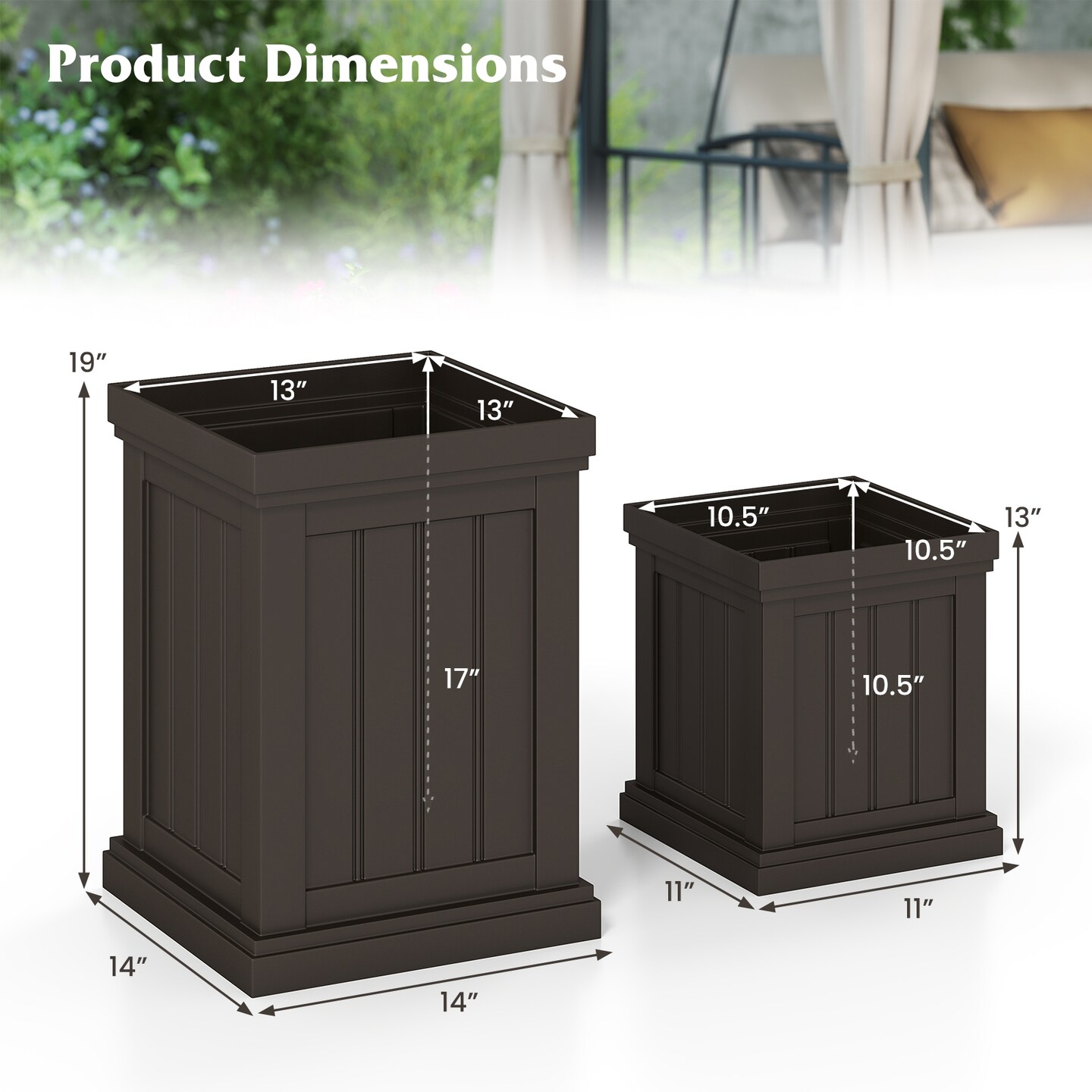 Square Plastic Planters Set of 2 Small Flower Pots with Drainage Holes and Nesting Design-Brown