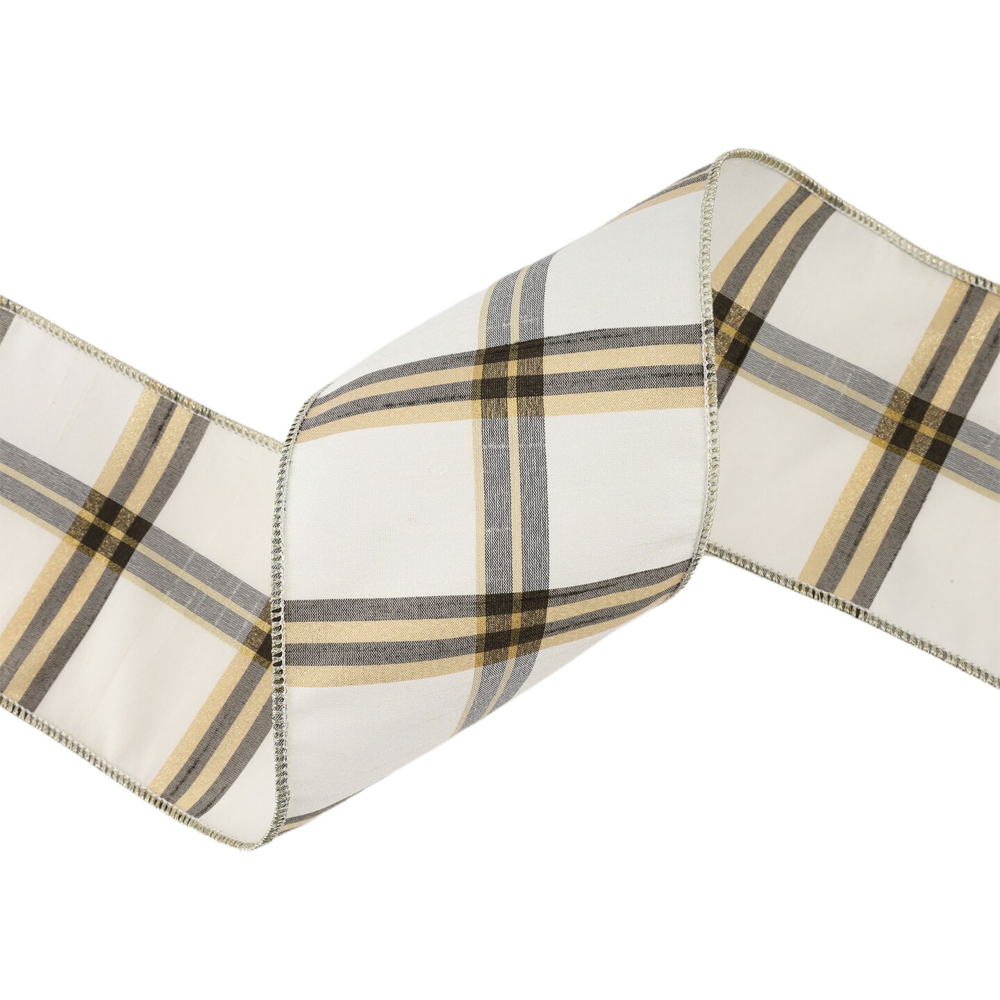 LaRibbons 4" - 2 1/2" Wired Ribbon | Ivory/Black/Gold Plaid | 10 Yard Roll