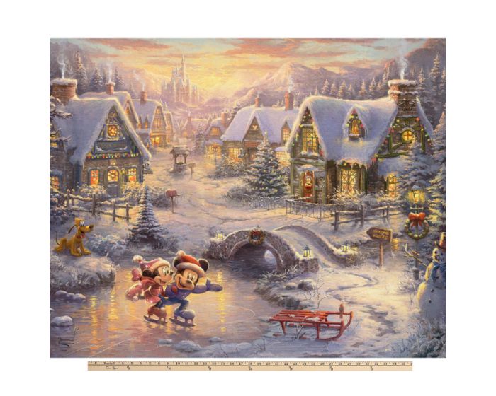 Mickey Minnie Winter Holiday Disney by Thomas Kinkade Licensed by David Textiles Digital Cotton Print Fabric Panel | 100% Cotton | Sold By the Panel