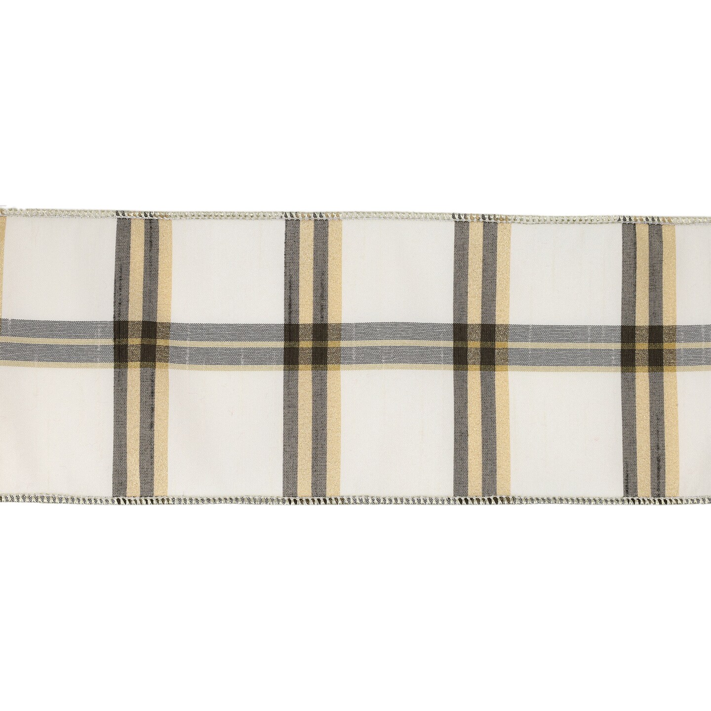 LaRibbons 4" - 2 1/2" Wired Ribbon | Ivory/Black/Gold Plaid | 10 Yard Roll