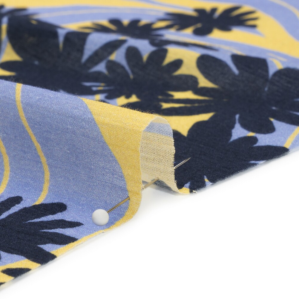 1 Yard Blue and Yellow Swirls Floral Crinkled Cotton Gauzy Fabric