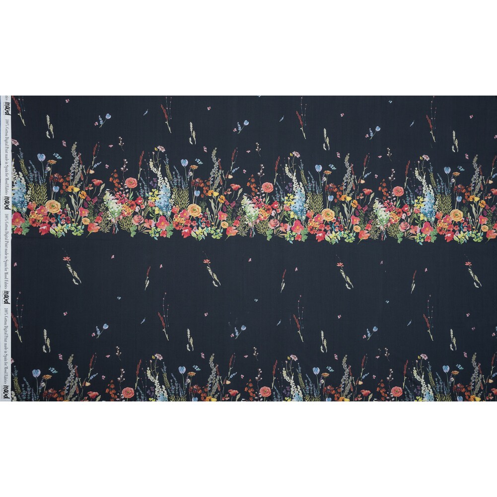 1 Panel Cotton Poplin Midnight Blue Floral Band Promenade au Pavot Print Fabric